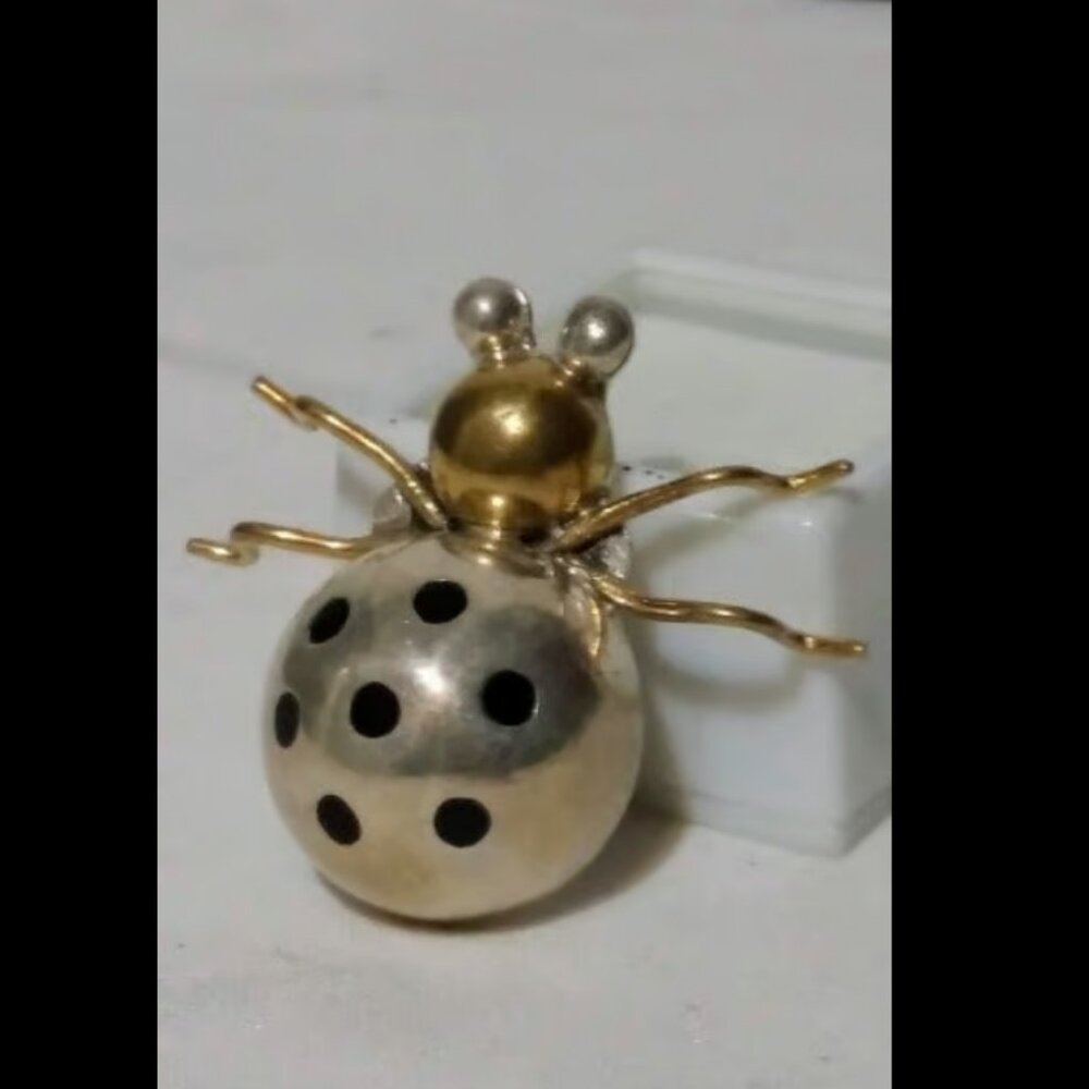 Vintage Solid .925 Mexico Silver & Gold Plated Ladybug Brooch Pin